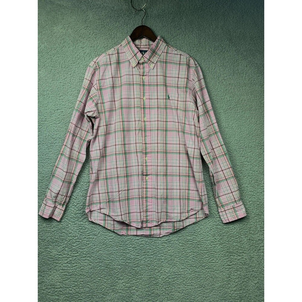 Ralph Lauren Shirt Mens Large Pink Green Plaid Custom Fit Button Down Cotton